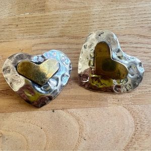 Vintage 925 Sterling silver two-tone hammered heart earrings on posts
